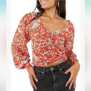 FREE PEOPLE Say The Word Ruched Printed Blouse Long Sleeve Top Ruby Red Combo